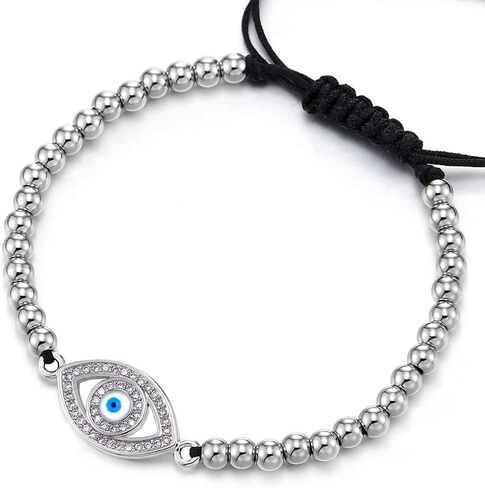 COOLSTEELANDBEYOND Womens Bead Chain Bracelet with Colorful Cubic Zirconia Protection Evil Eye, Adjustable in Saudi Arabia