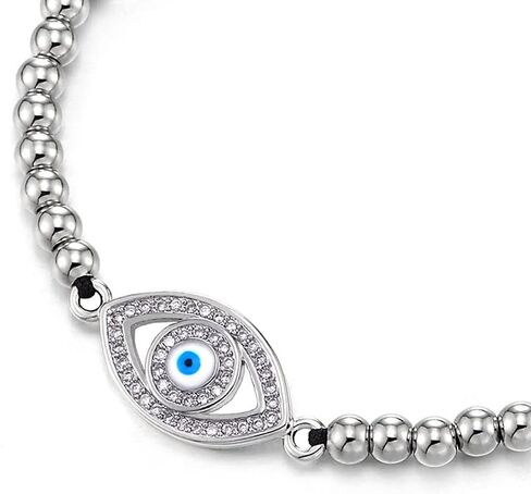 COOLSTEELANDBEYOND Womens Bead Chain Bracelet with Colorful Cubic Zirconia Protection Evil Eye, Adjustable in Saudi Arabia