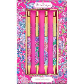 Lilly Pulitzer Black Ink Pen Set of 4, Retractable Pens for Home or Office, Colorful Plastic Click Pens, Shell Me Something Good (Assorted)