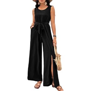 MSLG Women's Overalls Jumpsuit Summer 2024 Casual Work Sleeveless Loose Wide Leg Jumpsuits Romper with Belt and Pockets 814