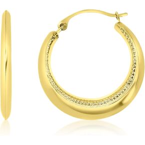 14K Yellow Gold 3x20mm Polished Diamond Cut Textured Round Lightweight Hoop Earrings