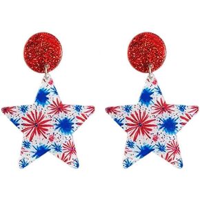 Independence Day Earrings Acrylic Glitter Heart Star Firework Flower Letter Drop Dangle Earrings for Women Shining Red White Blue American Flag Earrings 4th of July Jewelry Gift