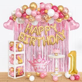 101Pcs Baby First Birthday Decorations for Girl with Balloon Boxes, Rose Red Pink Confetti 1st Foil Balloons Arch Kit for 1st Birthday Decorations Baby Girl