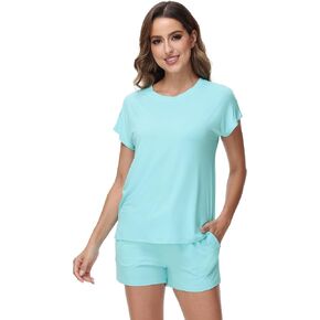 WiWi Pajamas for Women Short Sleeve Top and Shorts Sets Viscose from Bamboo Pj Sleepwear Pajama Set S-XXL