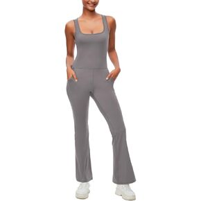 Sexyasasii Flare Jumpsuits for Women Square Neck Sleeveless Tank Top Wide Leg Full Bodysuit Workout Yoga Onesie with Pockets in Kuwait