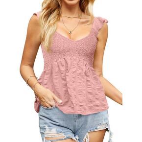 Clarisbelle Summer Women's V Neck Smocked Ruffle Strap Tank Tops