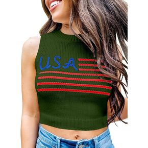 Tankaneo Womens American Flag Crop Tank Tops High Neck 4th of July Patriotic Summer Sleeveless Shirts Sweater Vest