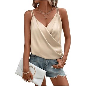OYOANGLE Women's Satin Wrap V Neck Camis Sleeveless Elegant Tank Tops Blouses Camisole