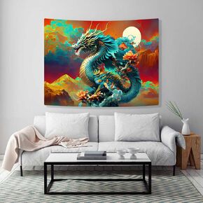 Ine Ive Japanese dragon Tapestry Wall Hanging 40x30 Inches Asian Anime Tapestry Moon Cloud Misty Mountains Watercolor Painting Art Wall Tapestries for Bedroom Living Room Dorm Decoration GTOKIE0208