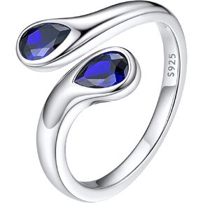 Bestyle Silver Birthstone Ring for Women Girls, Dainty Sterling Silver Teardrop Ring Open Adjustable Band Ring, Love Statement Toi et Moi Ring Promise Ring for Her