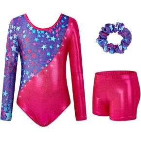 Gymnastics Leotards for Girls, Long Sleeve Sparkly Dance Biketards with Shorts Ballet Tumbling Outfit for 3-12 Years