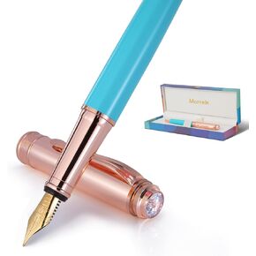 Turquoise Pen with 8MM Diamond-Stunning Luxury Fountain Pen, Schmidt 18K Gold Plated Nib (Medium), Real Rose Gold Finish, Fancy Pen Gift Set for Women, Executive, Nice, Beautiful Designer Pens