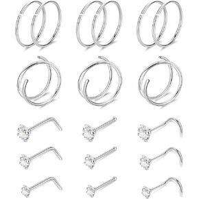 18PCS 20G G23 Titanium Nose Rings for Women Men Pure Titanium Double Nose Rings Hoops for Sensitive Skin L Shaped Screw Bone Nose Studs Hypoallergenic CZ Nose Stud Piercing Jewelry