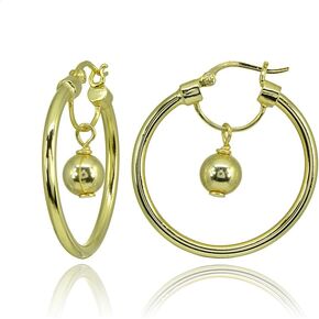 Hoops & Loops 925 Sterling Silver High Polished Dangling Bead Hoop Earrings for Women Men Teen Girls, Silver, Yellow Gold & Rose Gold