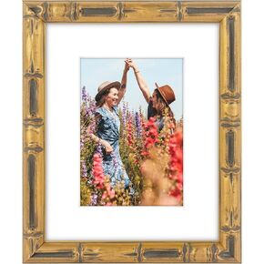 Space Art Deco, 8x10 Bamboo Style Picture Frame with White Mat for 5x7 Photo,Color Gold with Dark (Plexi Glass) in Kuwait