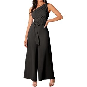 RED DOT BOUTIQUE 706 - Asymmetrical Neck Sleeveless One Shoulder Ruched Wide Leg Belted Jumpsuit