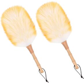 Lambswool Duster for Cleaning with Solid Wooden Handle Leather Hang Strap 14.9 inch Natural Feather Duster for Cleaning Ceiling Fans Window Blinds Computer Furniture(2 Pack)