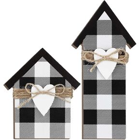2 Pieces Buffalo Plaid Decor Wooden House Shaped Block Sign, Farmhouse Buffalo Plaid Home Sign Tiered Tray Decor for Christmas Living Room Window Shelf Desk Office