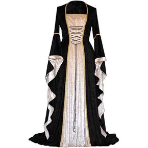 Women's Velvet Front Lace Renaissance Dress Bell Sleeve Robe Medieval Costume Celtic Queen Royal Princess Dress