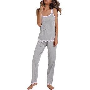 Women Sleepwear Soft Sleeveless Cotton Pajama Sets with Lace Trim