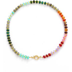 Natural Stone Beaded Necklace for Women Boho Handmade Beaded Necklace Colorful Beads Choker Necklace 14K Gold Plated Circular Buckle Surfer Beach Necklace Summer Jewelry Gift