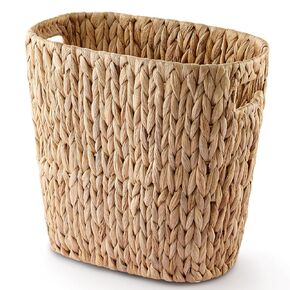 3.2 Gallons Wicker Woven Waste Basket - Water Hyacinth Trash Can with Handles - Seagrass Wastebaskets for Bedroom, Bathroom, Kitchen, Office - Handwoven Slim Trash Bin for Under Sink, Garbage