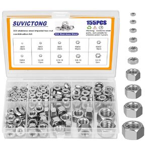 155PCS SAE Hex Nuts Assortment Kit,4#40 6#32 8#32 10#24 10#32 12#24 1/4-20 5/16-18 3/8-16 1/2-13 304 Stainless Steel Hardware Nuts Set by SUVICTONG