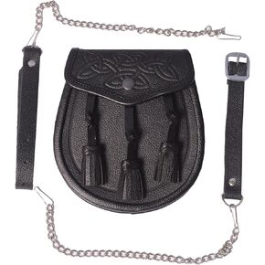 Embossed Celtic 3 Tassel Black Leather Kilt Sporran w/Belt