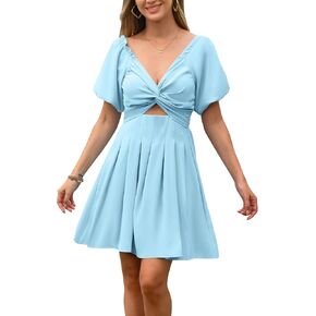 فستان نسائي صيفي قصير بأكمام منتفخة وخصر عالي فستان غير رسمي على شكل حرف A بدون أكتاف وعقدة أمامية مجوفة من الأمام فساتين صغيرة in Kuwait