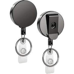 1pc Heavy Duty Retractable Badge Holder Reel, Metal ID Badge Holder with Belt Clip Key Ring for Name Card Keychain [All Metal Casing, 27.5" UHMWPE Fiber Cord, Reinforced Id Strap 11