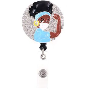 Black Girl Rhinestone Retractable Badge Holder with Rotating Alligator Clip Suitable for Daily Life and Gifts of Nurse/Student/Teacher