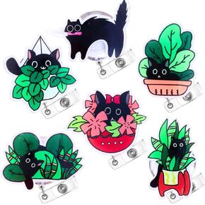 6PC Cat Badge Reel | Cute Funny Black Kitty Cats Animal Badge Reels Retractable ID Name Clip Card Holder Badges for Peds Vet Kawaii Nurse Office Nursing RN Paediatrics Social Work Accessories