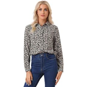 Allegra K Women's Button Down Shirt Long Sleeve Point Collar Floral Blouse