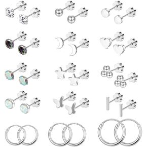 Cristina 15 Pairs Surgical Steel Earrings for Women Men Hypoallergenic Flat Back Earring Small Tiny Opal Ball Star CZ 20G Stud Hoop Earring Sets Flower Screw Back Cartilage Earring