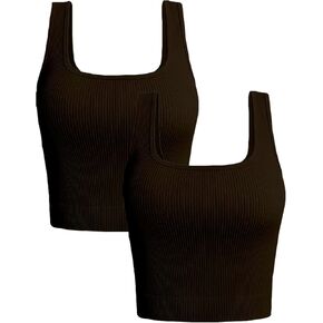 Women's 2-Pack Crop Tops Rib-Knit Seamless Workout Exercise Shirts Yoga Tank Tops