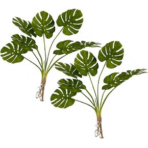 2 Artificial Tropical Monstera Plants Real Touch for Pot or in Vases Fake Plant with Stems and Roots Faux Greenery Wall Decor for Indoor Outdoor Home Office (Monstera)