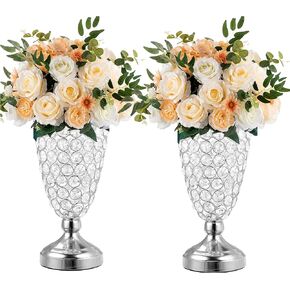 Gold Crystal Trumpet Floral Vase -2 Pcs Centerpieces for Wedding Table, 10.6" Wrought Iron Crystal Vase, Flower Vases for Party Dinner Centerpiece Event, Anniversary Ceremony Birthday Home Decoration