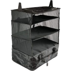 Stow-N-Go Portable Hanging Travel Shelves, Packing Organizer for Luggage. Carry on Closet with Hanger for Clothes. Expandable Packing Cube. Travel Essentials from Grand Fusion. Small, Black