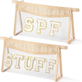 Boho Patch Cosmetic Bags - 2Pcs Summer White Spf Stuff Chenille Varsity Letter Clear Toiletry Bag Waterproof Portable Makeup Bag PVC Zipper Clutch Purse Travel Beach Bag for Women Girls