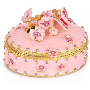 ELLDOO Enamel Flower Butterfly Trinket Box, Mini Vintage Metal Hinged Decorative Box Ring Earrings Jewelry Organizer, Keepsake Home Decor Gift Box for Women Girls, Beige