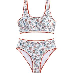 Floerns Women's 2 Piece Bathing Suit Floral Print Contrast Trim Tankini Swimsuit