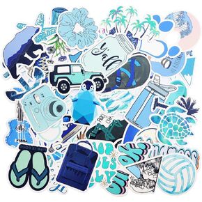 Blue Stickers for Water Bottle Trendy Teen Girls Laptop Hydroflasks Phone Car Bumper Computer Skateboard Decals Beach Theme with Turtle Pineapple Coconut Tree Design- 50pcs