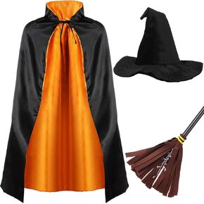 3 Pcs Kids Witch Costume Reversible Cape Wizard Hat Broom Wizard Vampire Cloak for Carnival Mardi Gras World Book Day