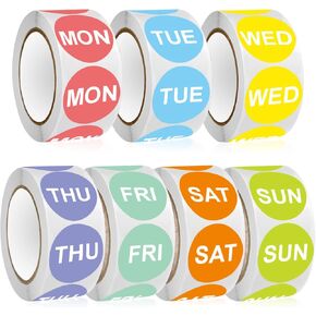 7 Day of The Week Sticker, 1" Round Day Dot Food Rotation Labels - 3500 Pcs Date Stickers for Food Containers (500 Labels/Roll)