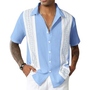 Mens Hawaiian Button Down Shirts Vintage Bowling Shirts Short Sleeve Color Blocking Printed Shirt