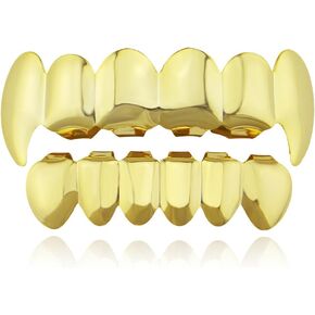 Gold Plated Grills for Teeth Hip Hop Fake Teeth for Men and Women, Halloween Tiger Teeth, Vampire Dentures and Fangs Costume Accessories
