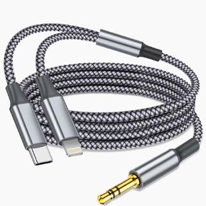Aux Audio Cable for iPhone 15 Plus Pro, 2 IN 1 USB C to 3.5mm Aux Audio Lightning to 3.5mm Audio Cable Fit with iPhone 14/13/12/11/XR, Galaxy S23/S22/S21, Pixel 8/7/6/5, iPad to Car Stereo Speaker 4FT