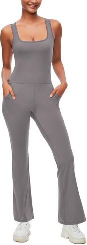 Sexyasasii Flare Jumpsuits for Women Square Neck Sleeveless Tank Top Wide Leg Full Bodysuit Workout Yoga Onesie with Pockets in Kuwait