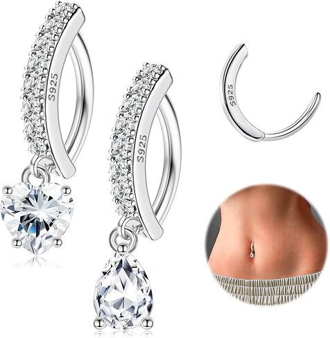 MILACOLATO 2 PCS 925 Sterling Silver Belly Button Rings, 14G Clicker Dangle Belly Rings Internally Threaded 10mm Bar Belly Piercing Jewelry, 5A Cubic Zirconia Teardrop Dangle Navel Rings for Women Men in Saudi Arabia