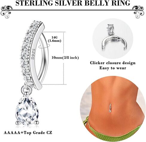 MILACOLATO 2 PCS 925 Sterling Silver Belly Button Rings, 14G Clicker Dangle Belly Rings Internally Threaded 10mm Bar Belly Piercing Jewelry, 5A Cubic Zirconia Teardrop Dangle Navel Rings for Women Men in Saudi Arabia
